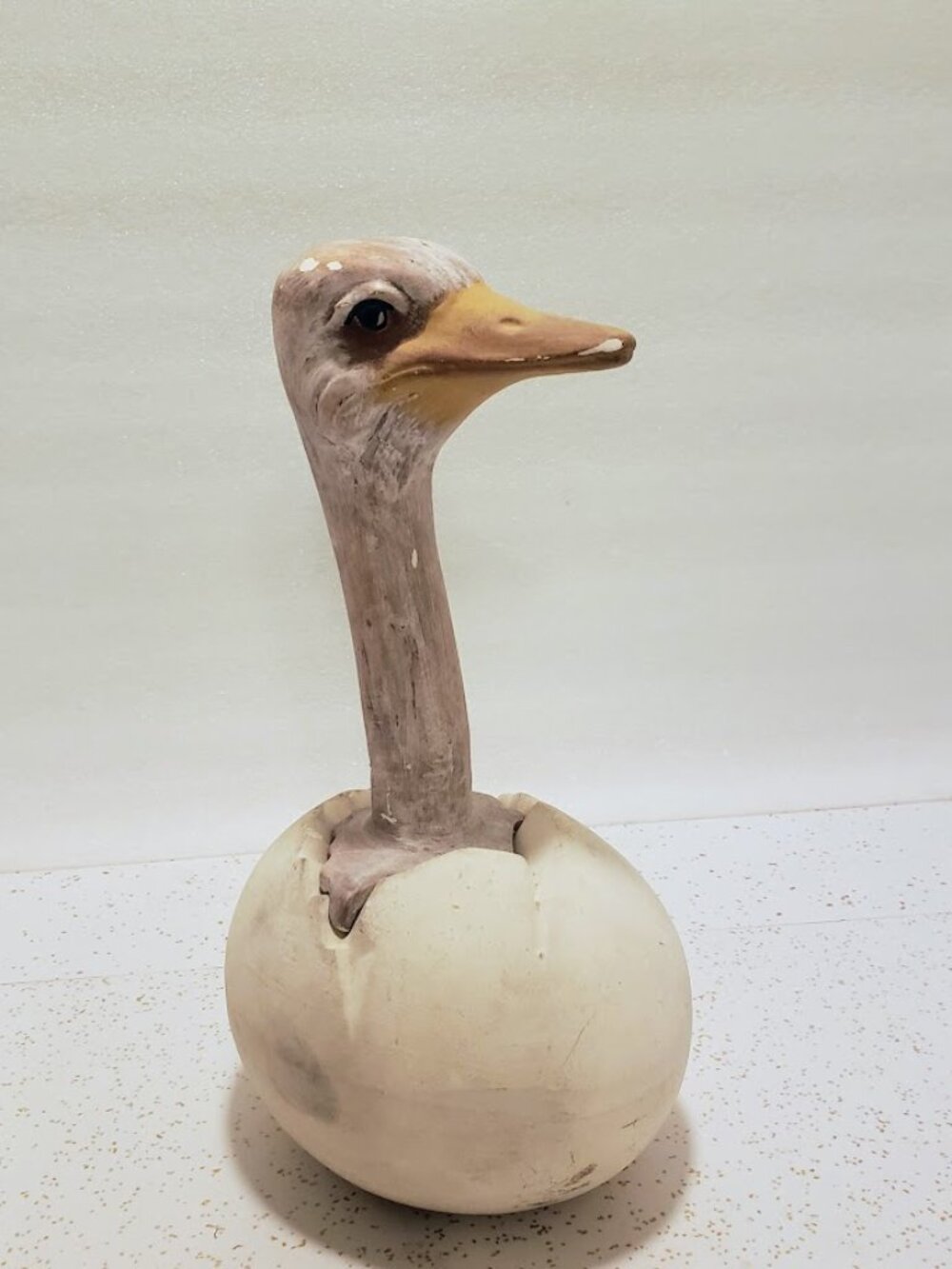 Vintage Chalkware Hatching Ostrich Emu Egg Coin Still Bank 1970s Bird Folk